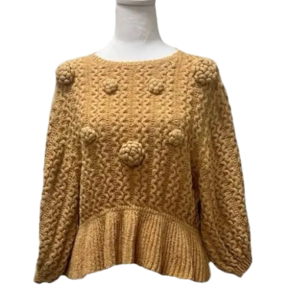 ZARA Peplum Knit Pom Pom Embroidery Sz Small Mustard color Sweater